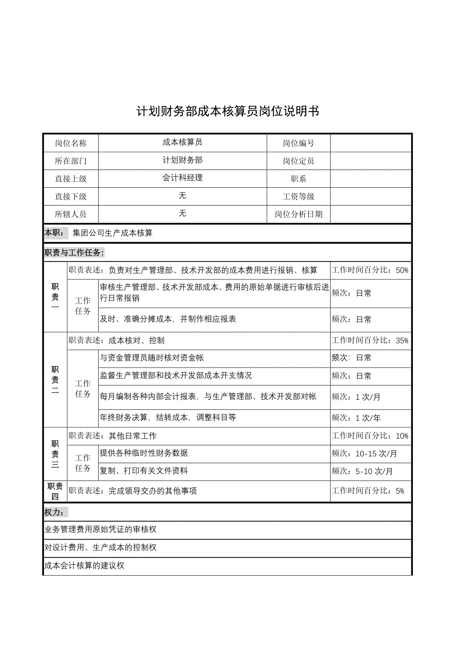 计划财务部成本核算员的岗位说明书_第1页