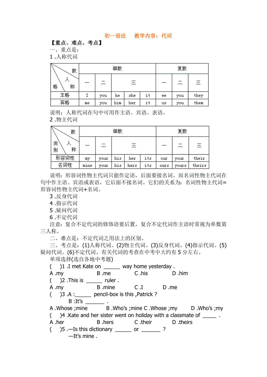 初一英语代词讲解与练习_第1页