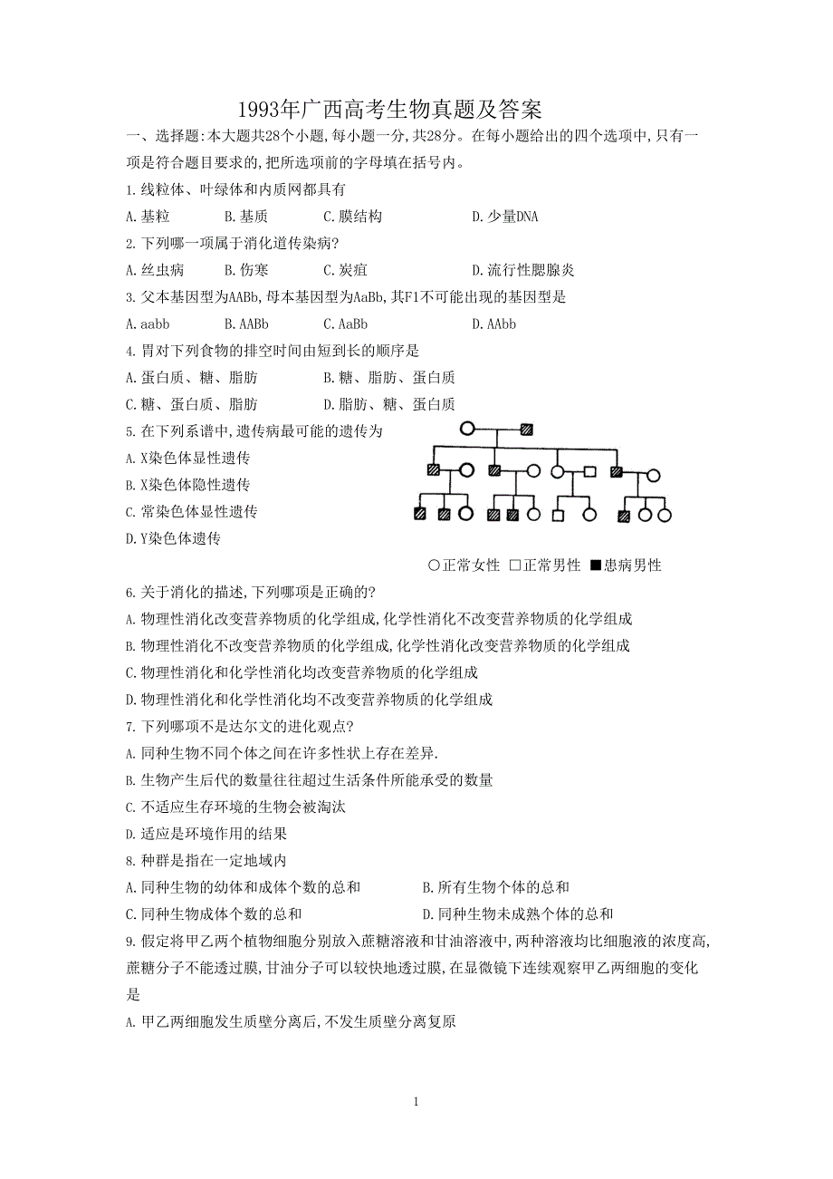 1993年广西高考生物试卷真题及答案.doc_第1页