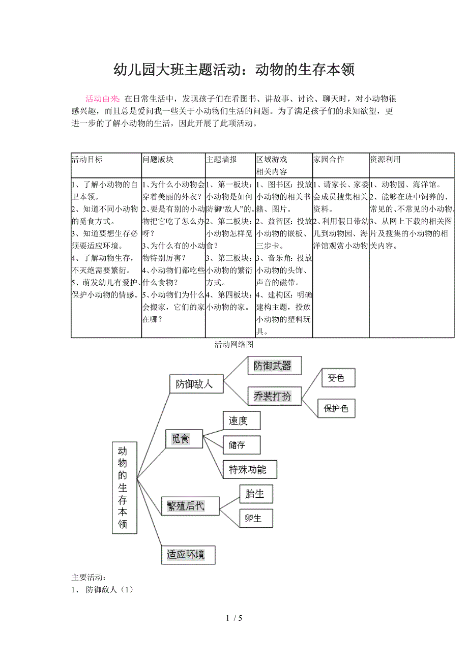 幼儿园大班主题活动：动物的生存本领_第1页