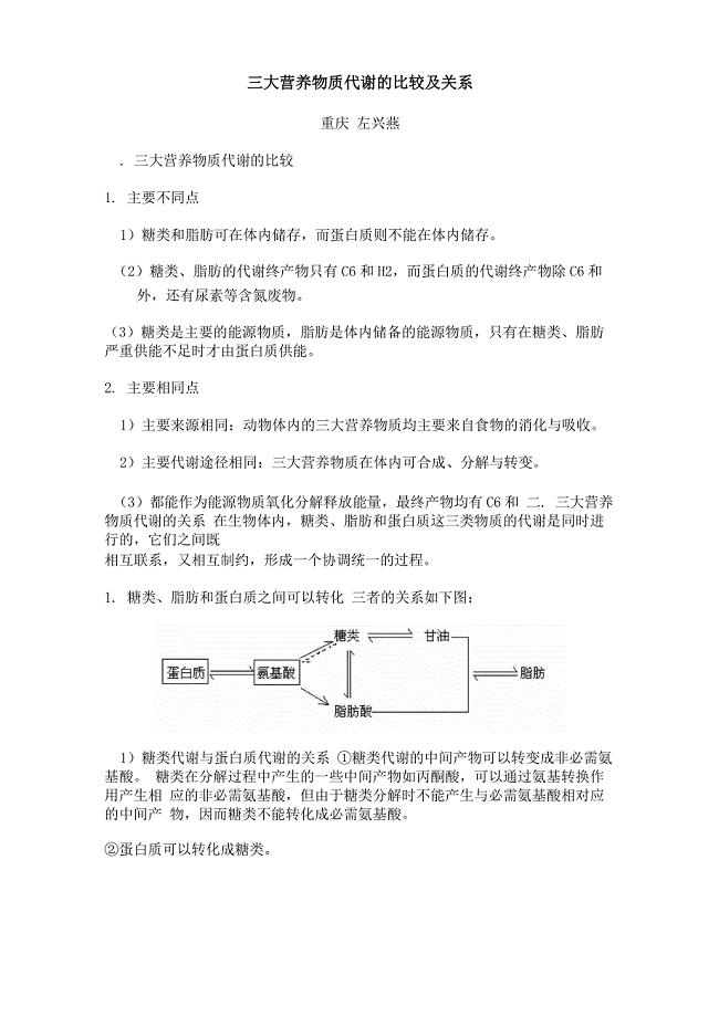 三大营养物质代谢的比较及关系