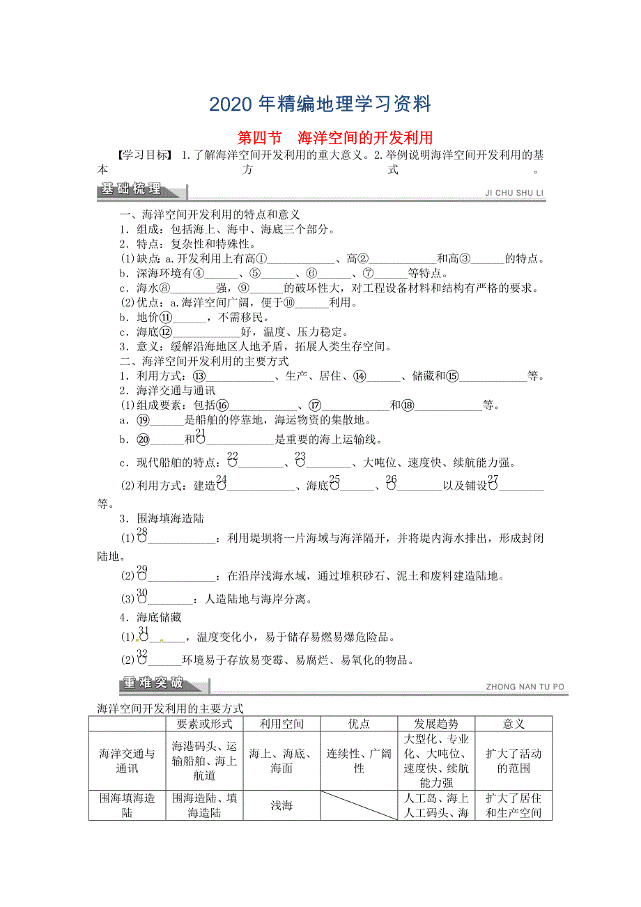 年【人教版】地理选修二：5.4海洋空间的开发利用导学案含答案_第1页