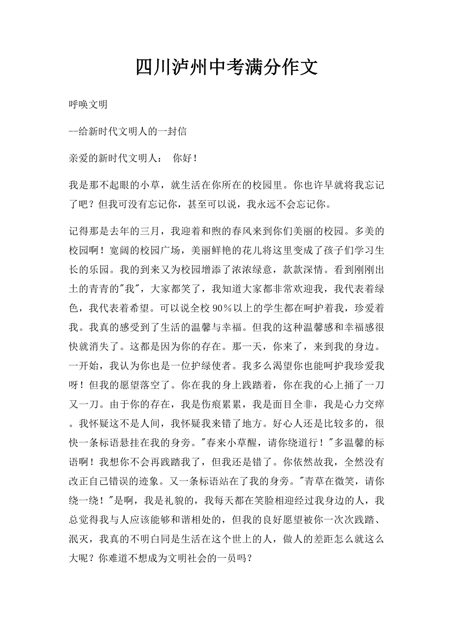 四川泸州中考满分作文_第1页