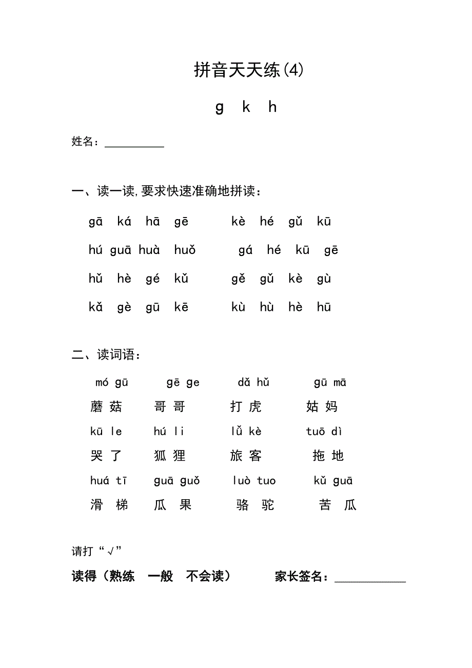 小学一年级拼音天天练_第4页