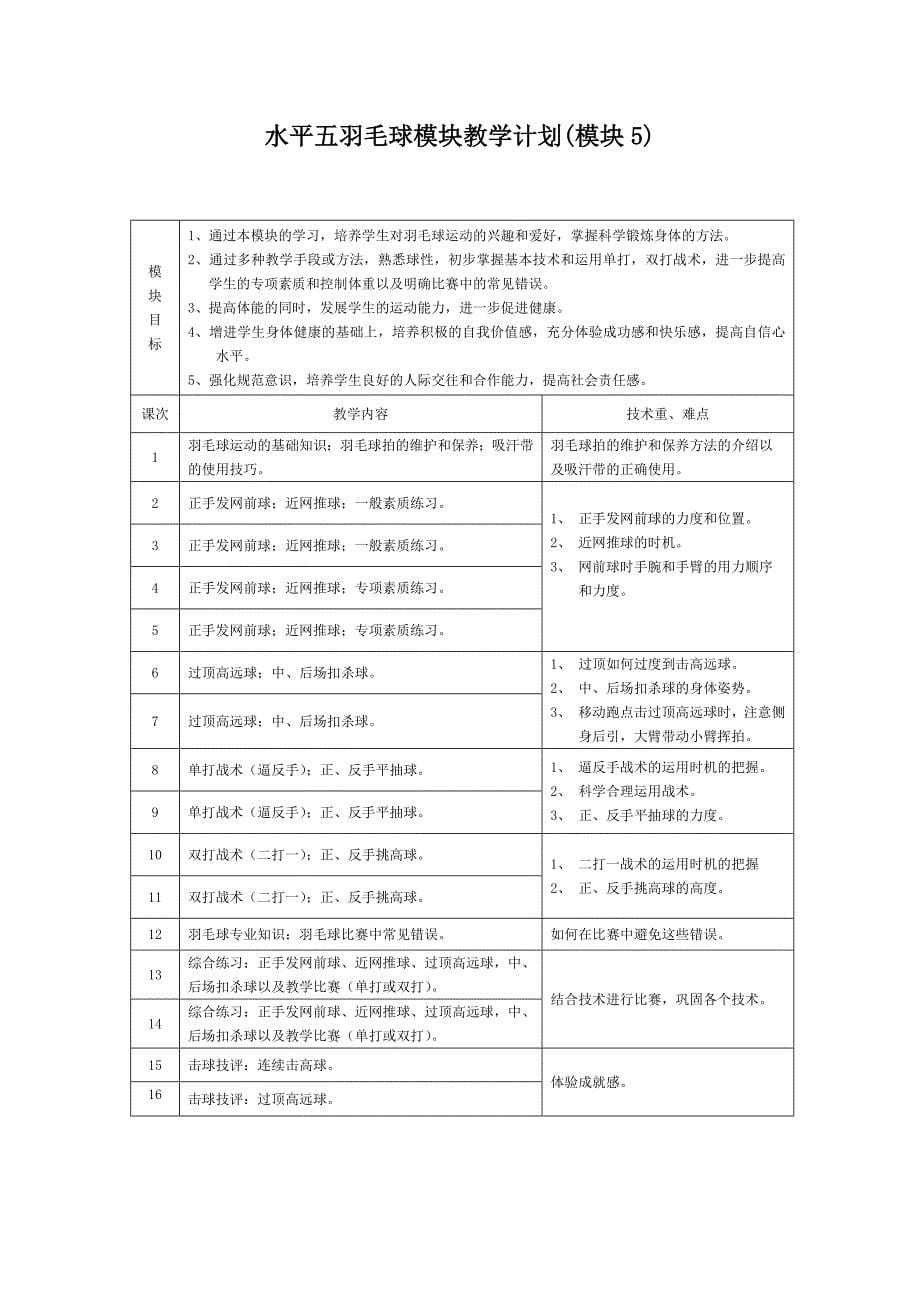 水平五羽毛球模块教学计划_第5页