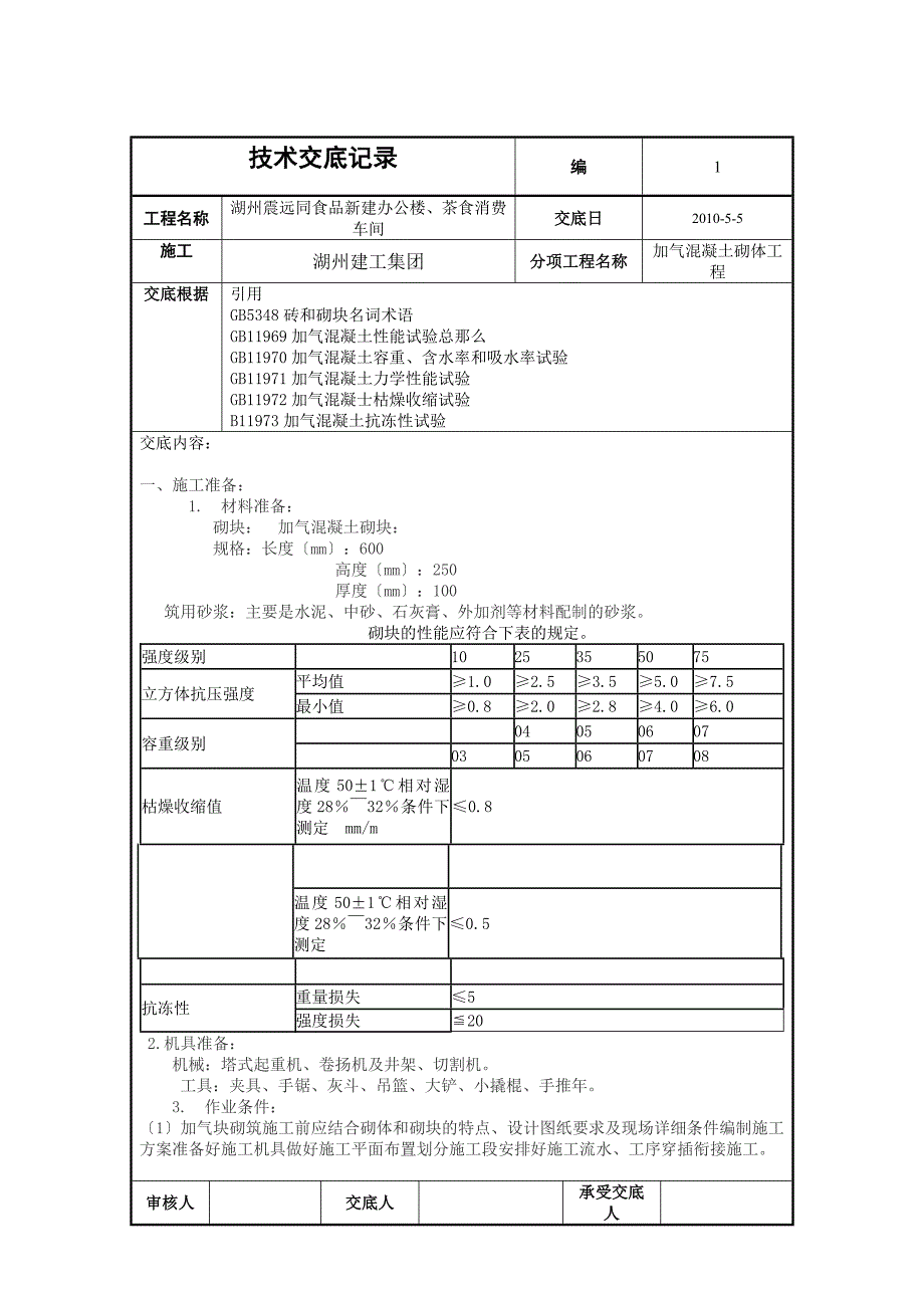 新建办公楼茶食生产车间加气混凝土砌体工程技术交底_第1页