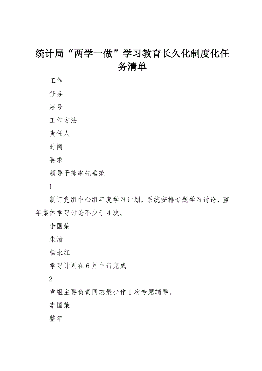 统计局“两学一做”学习教育常态化制度化任务清单_第1页