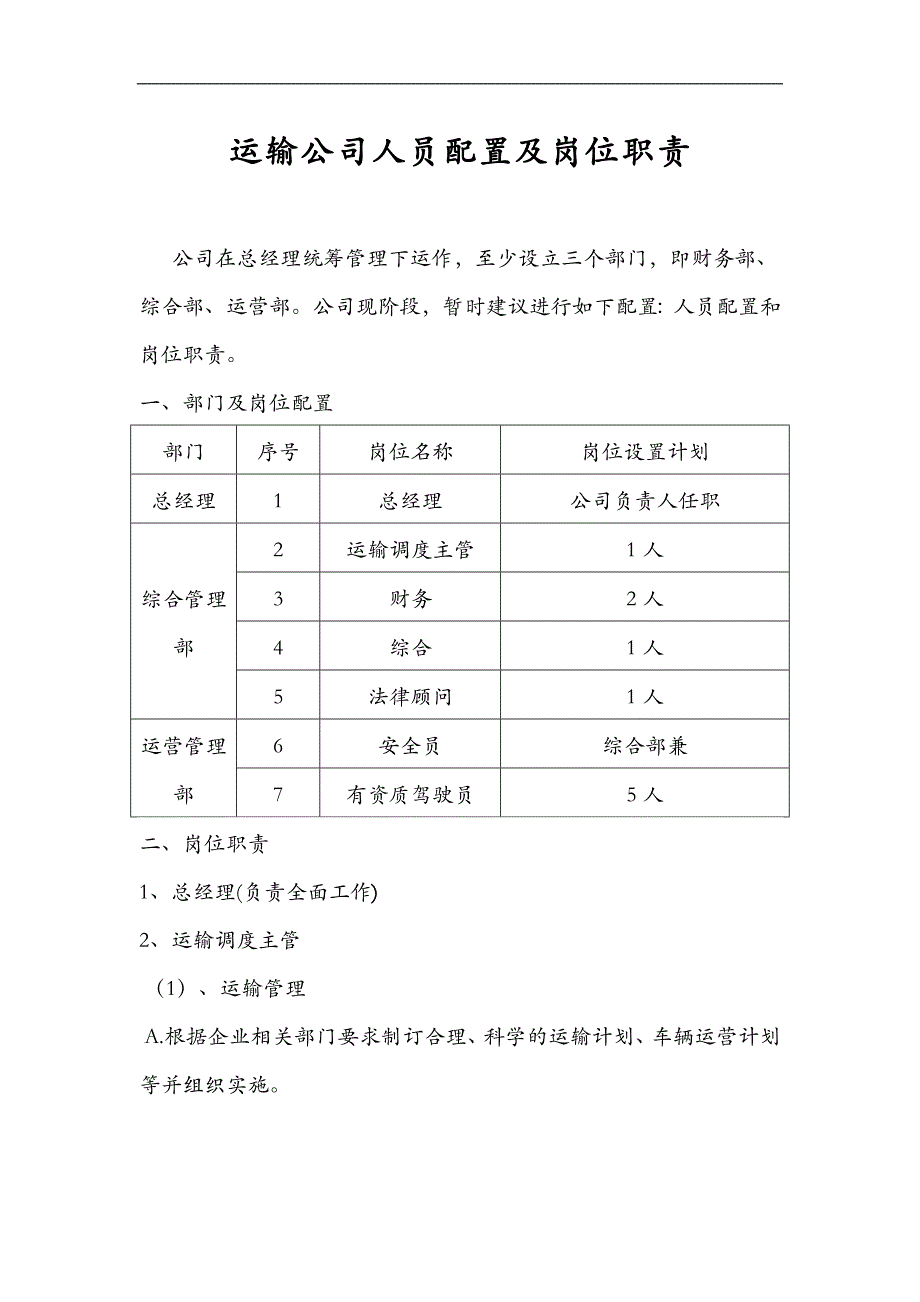 (完整word版)运输公司人员配置与岗位职责.doc_第1页