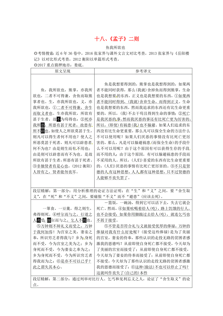 【严选】湖南中考语文 古诗文阅读专题一文言文阅读十八孟子二则鱼我所欲也素材语文_第1页