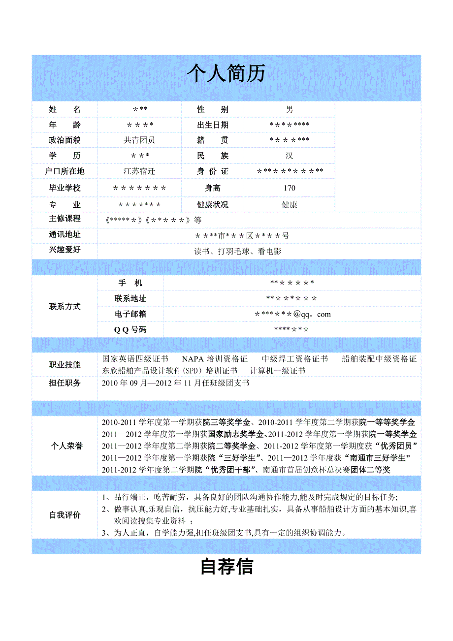 大学生个人简历标准模板(精品)_第1页