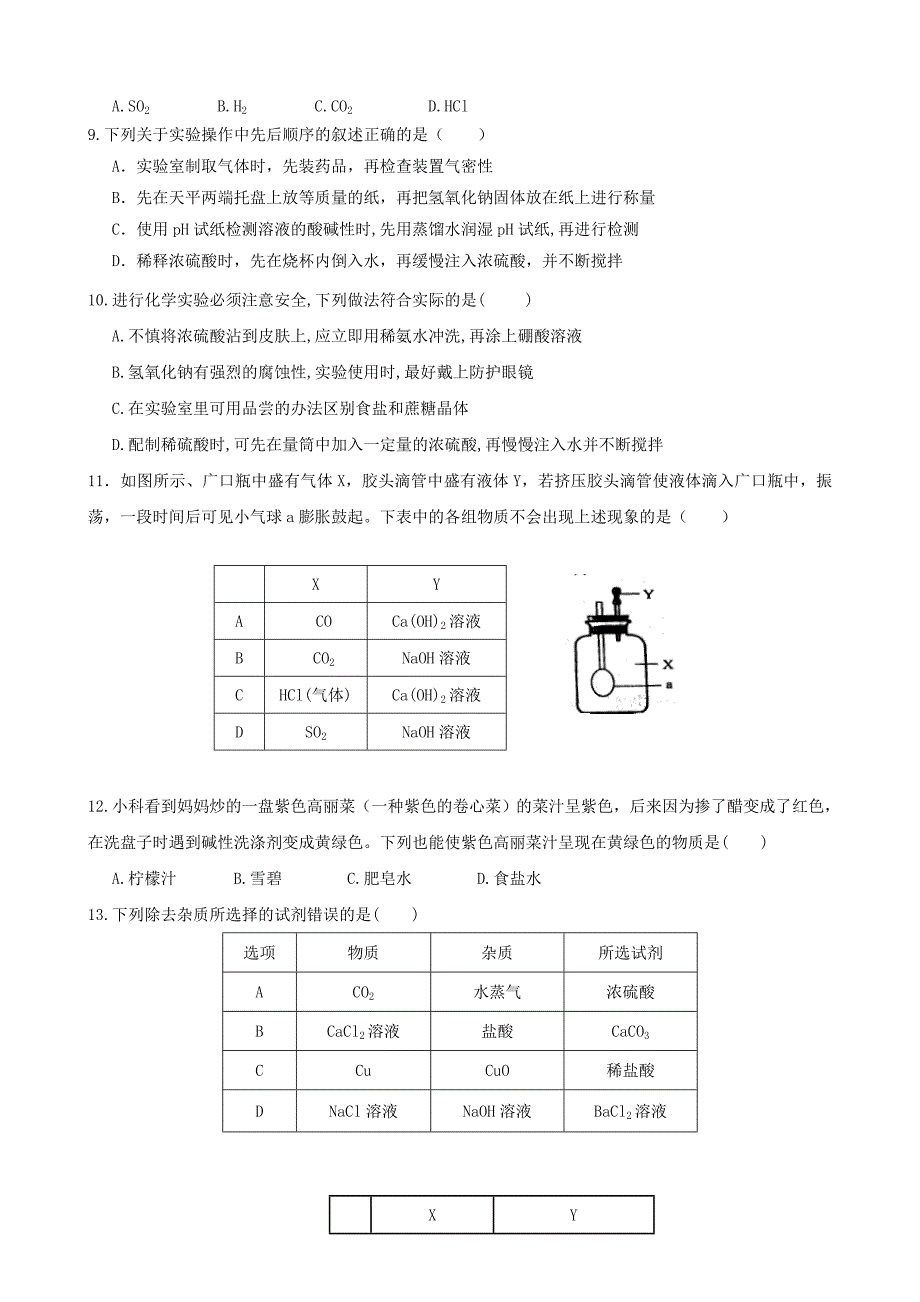 九年级化学下册 第十单元 酸和碱单元过关测试卷（无答案）（新版）新人教版_第2页