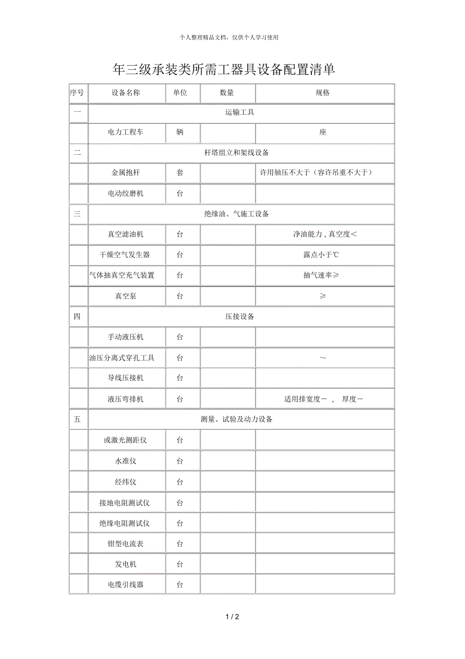 2018年三级承装类所需工器具设备配置清单_第1页