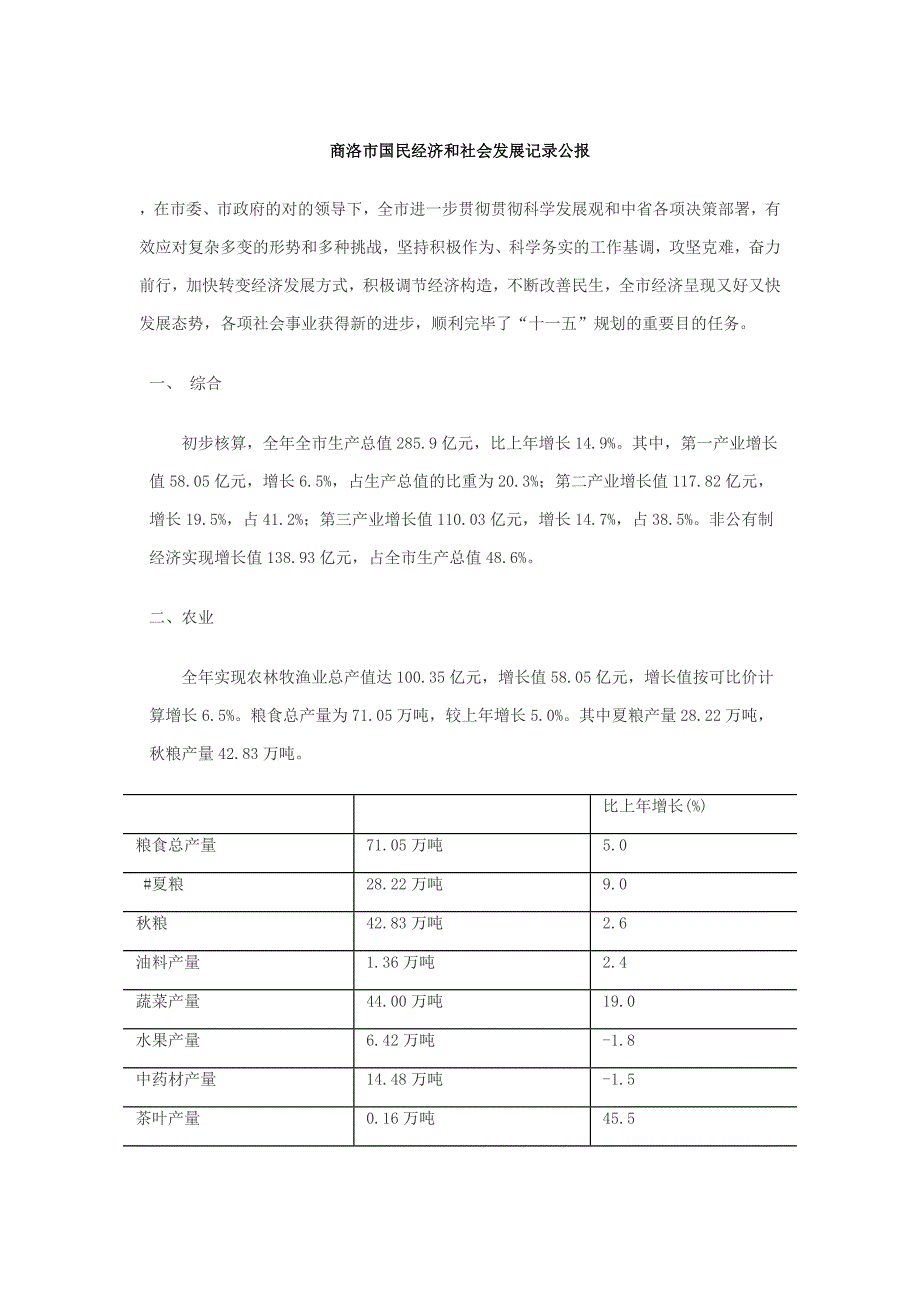 商洛市国民经济和社会发展统计公报_第1页