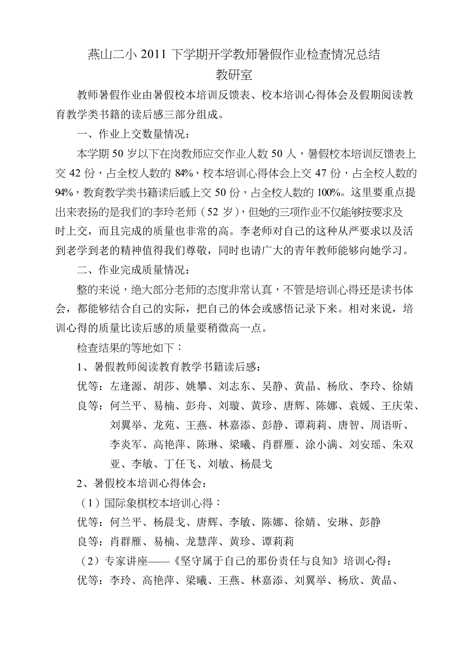 燕山二小下学期开学教师暑假作业检查情况总结_第1页