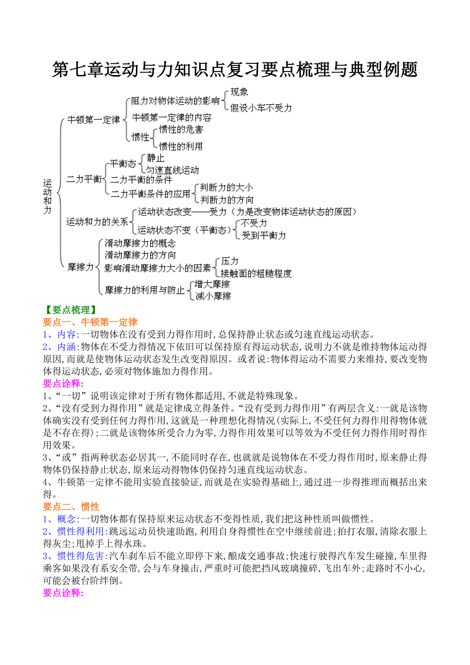 第七章运动和力知识点复习要点梳理与典型例题_第1页