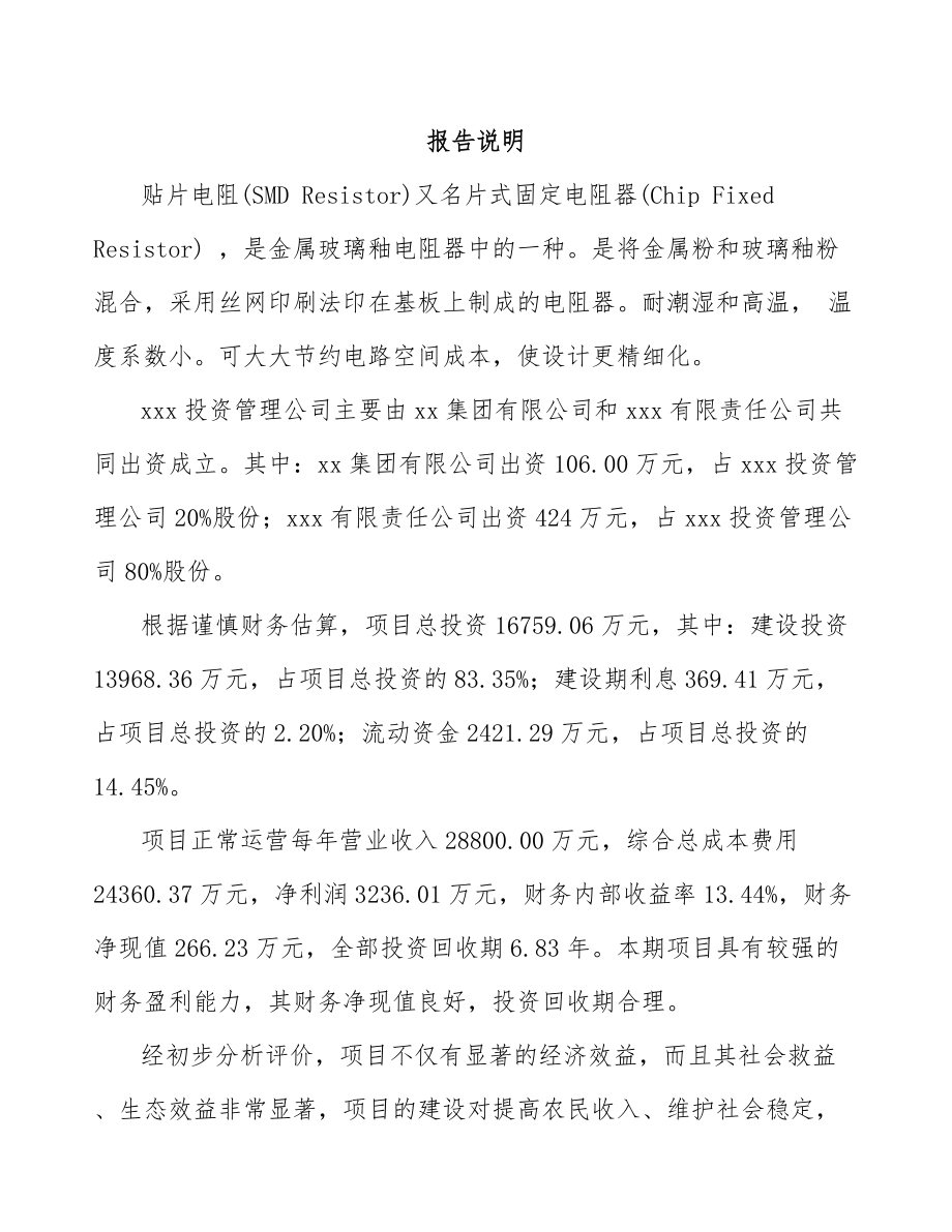 XX关于成立贴片电阻公司可行性研究报告模板参考_第2页