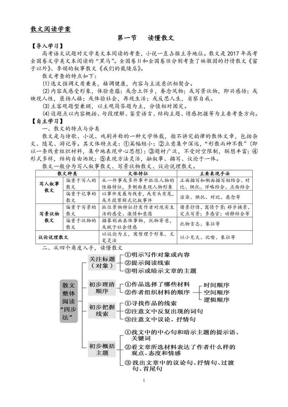 现代散文阅读专题第1节 读懂散文 学案——高考语文二轮复习.doc_第1页