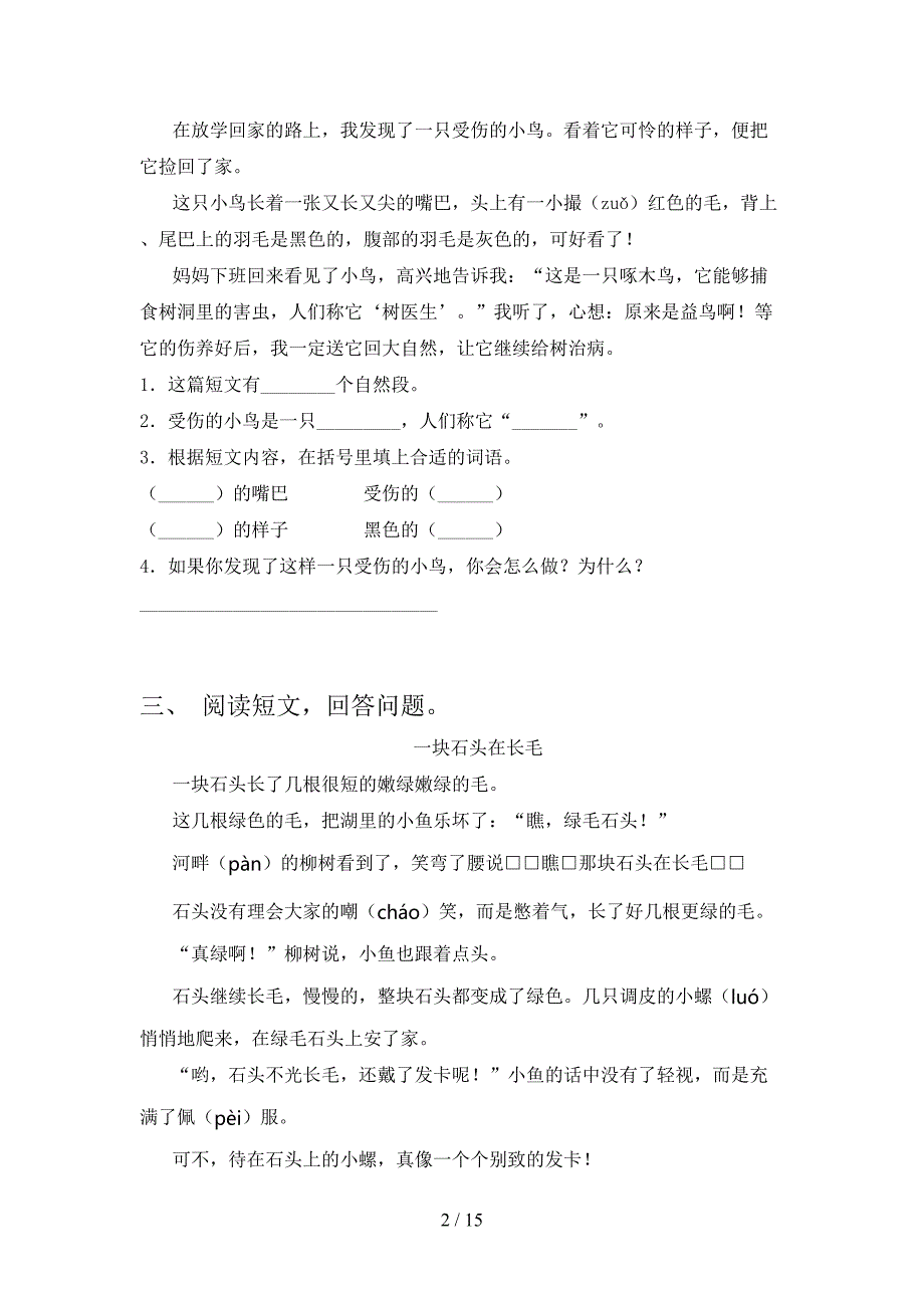 二年级下学期语文阅读理解过关专项练习含答案_第2页