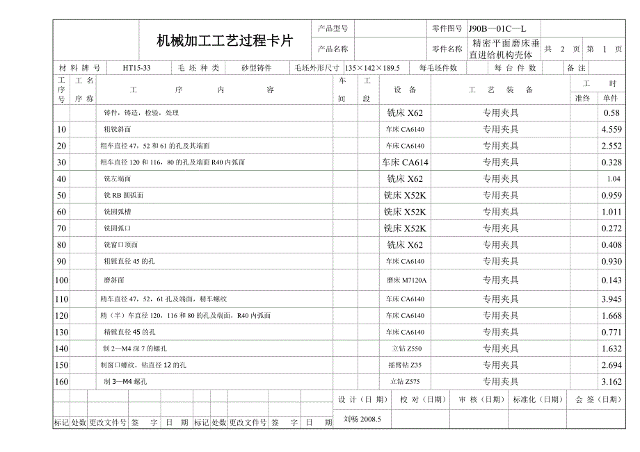 精密平面磨床垂直进给机构壳体机械加工工艺过程卡片_第1页