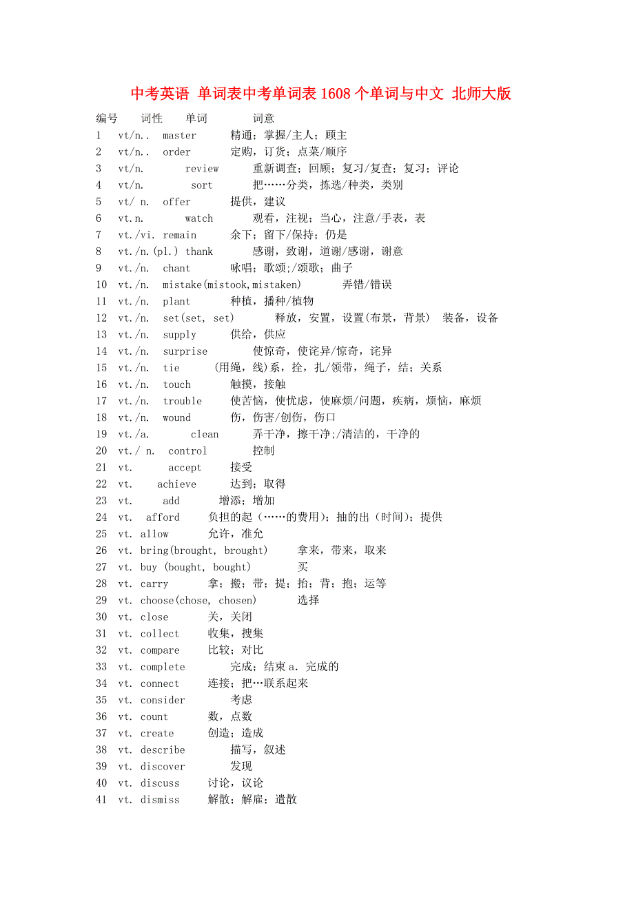 中考英语 单词表中考单词表1608个单词与中文 北师大版_第1页