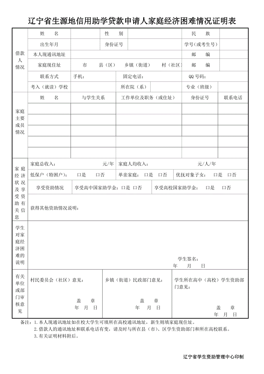 辽宁省生源地信用助学贷款申请人家庭经济困难情况证明表_第1页