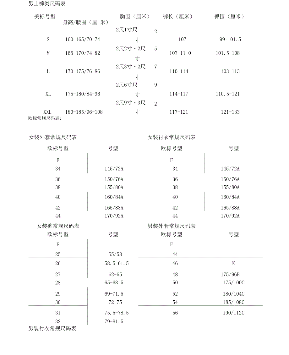 美标欧标衣服尺码对照表_第2页