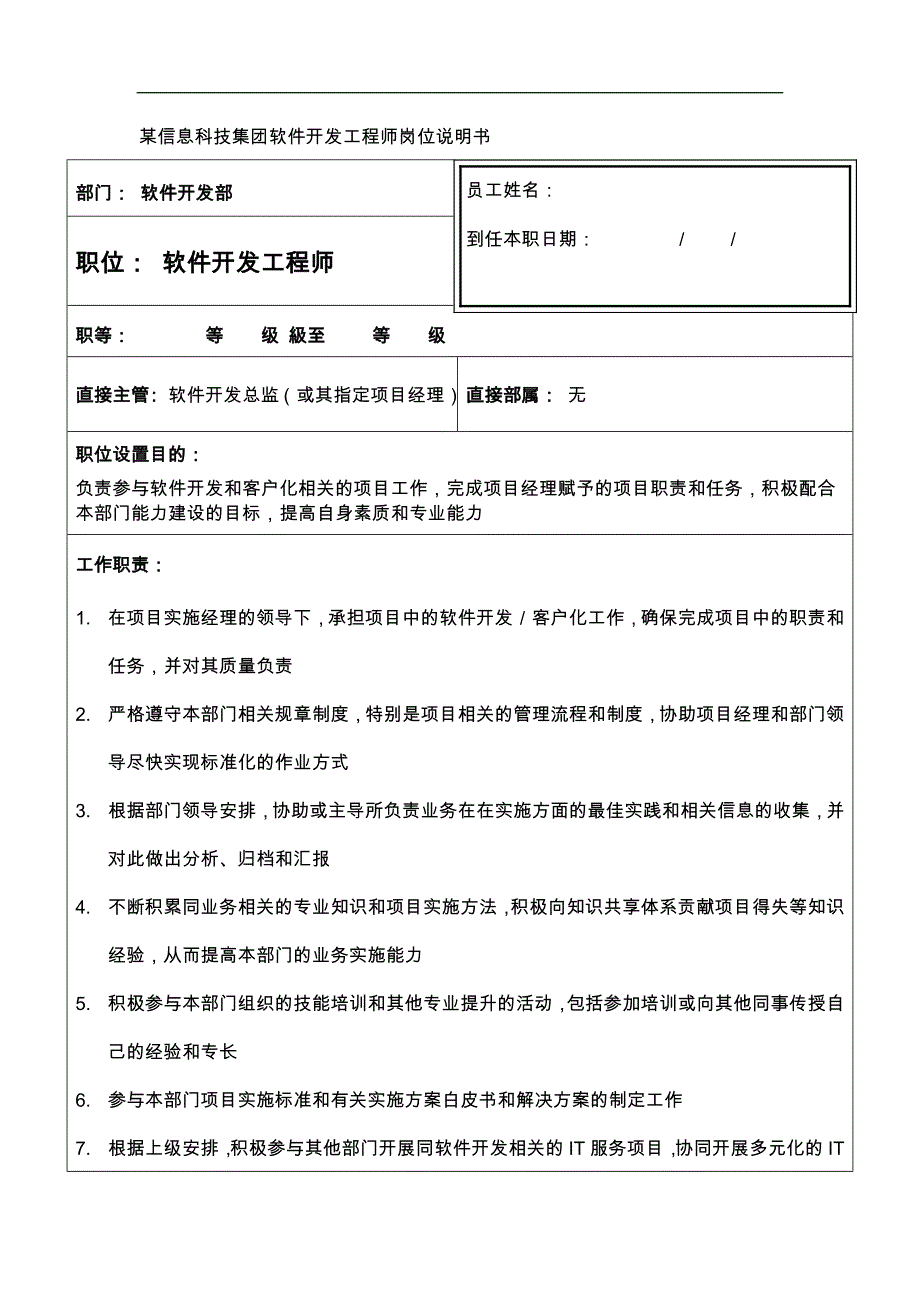 公司软件开发工程师岗位说明书.doc_第1页