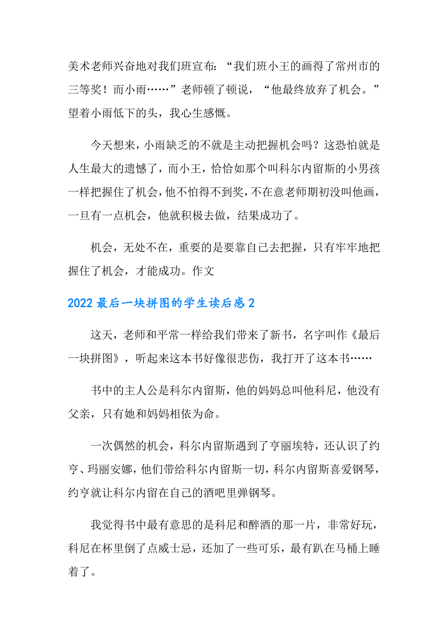 2022最后一块拼图的学生读后感_第2页