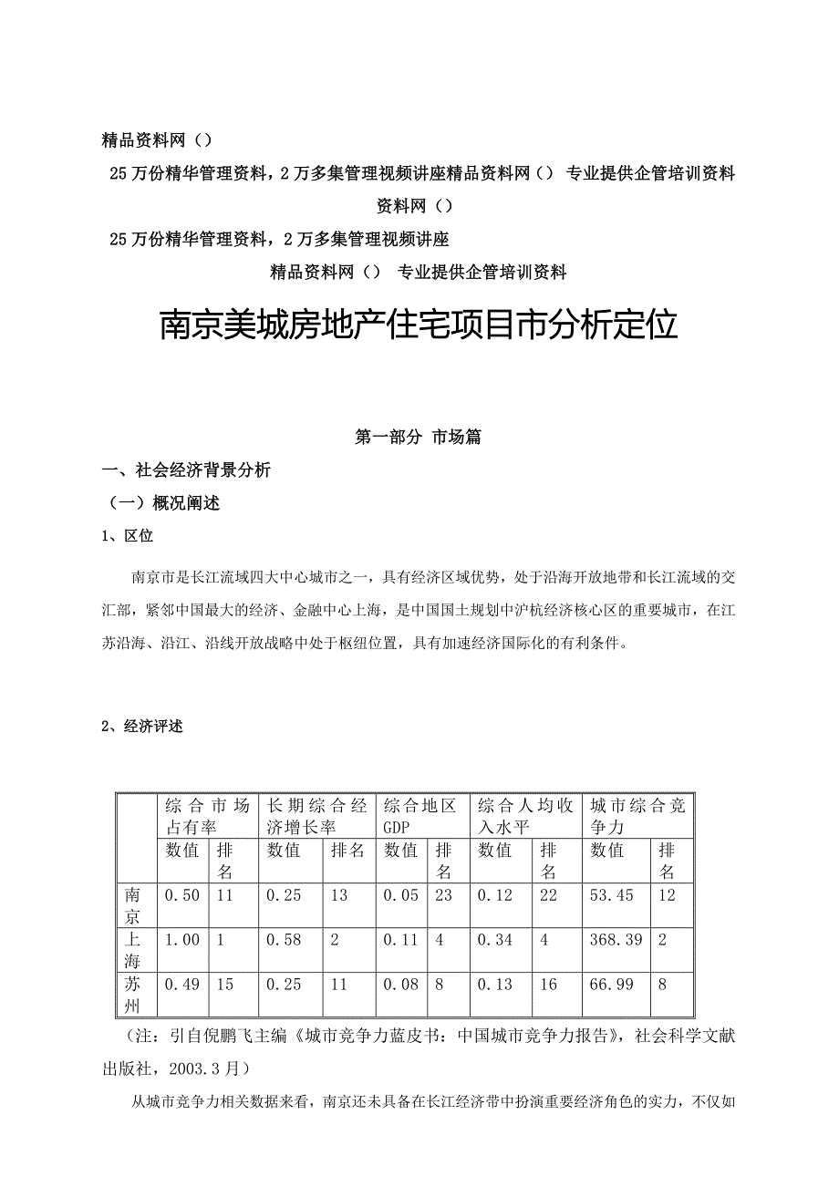 南京美城房地产住宅项目市分析定位_第1页