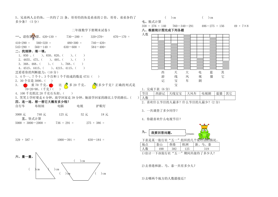 新课标人教版小学二年级下册数学期末试卷四十二套_第5页