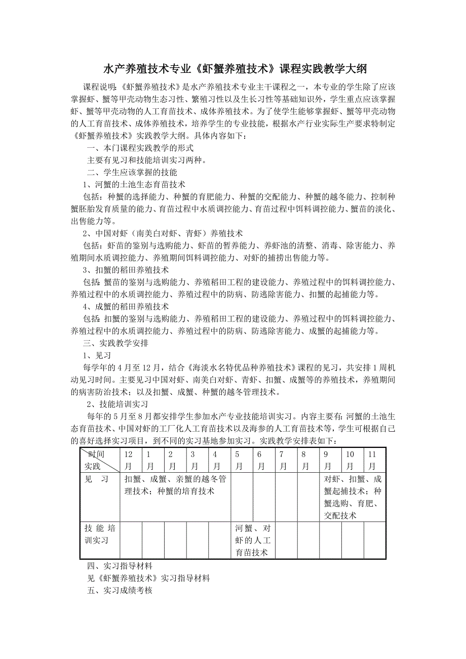 水产养殖技术专业《虾蟹养殖技术》课程实践教学大纲 - 盘锦职业技术_第1页