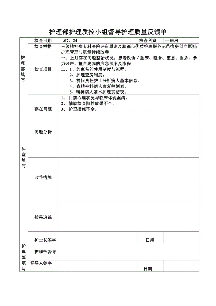 护理部护理质控小组督导护理质量反馈单_第1页