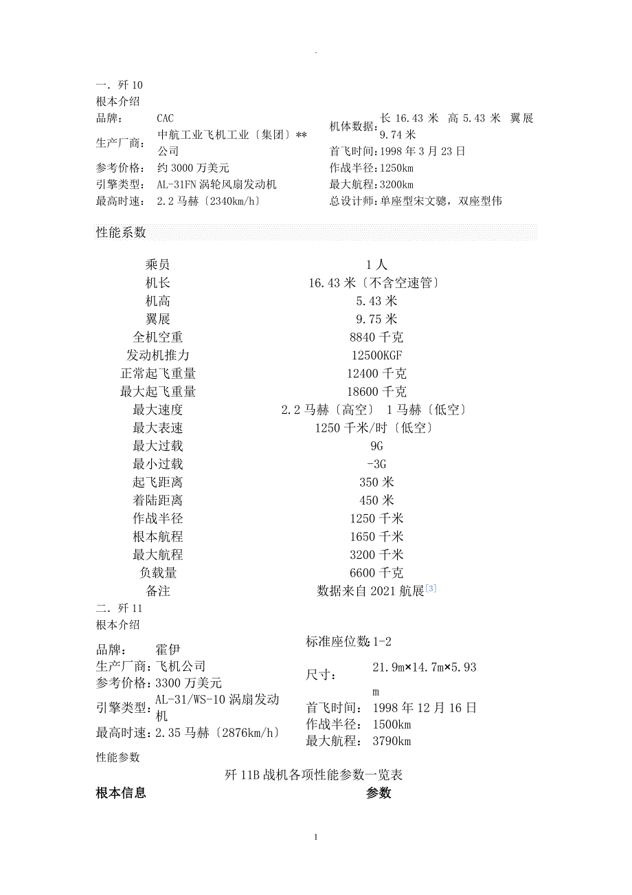 各种国产飞机性能参数_第1页