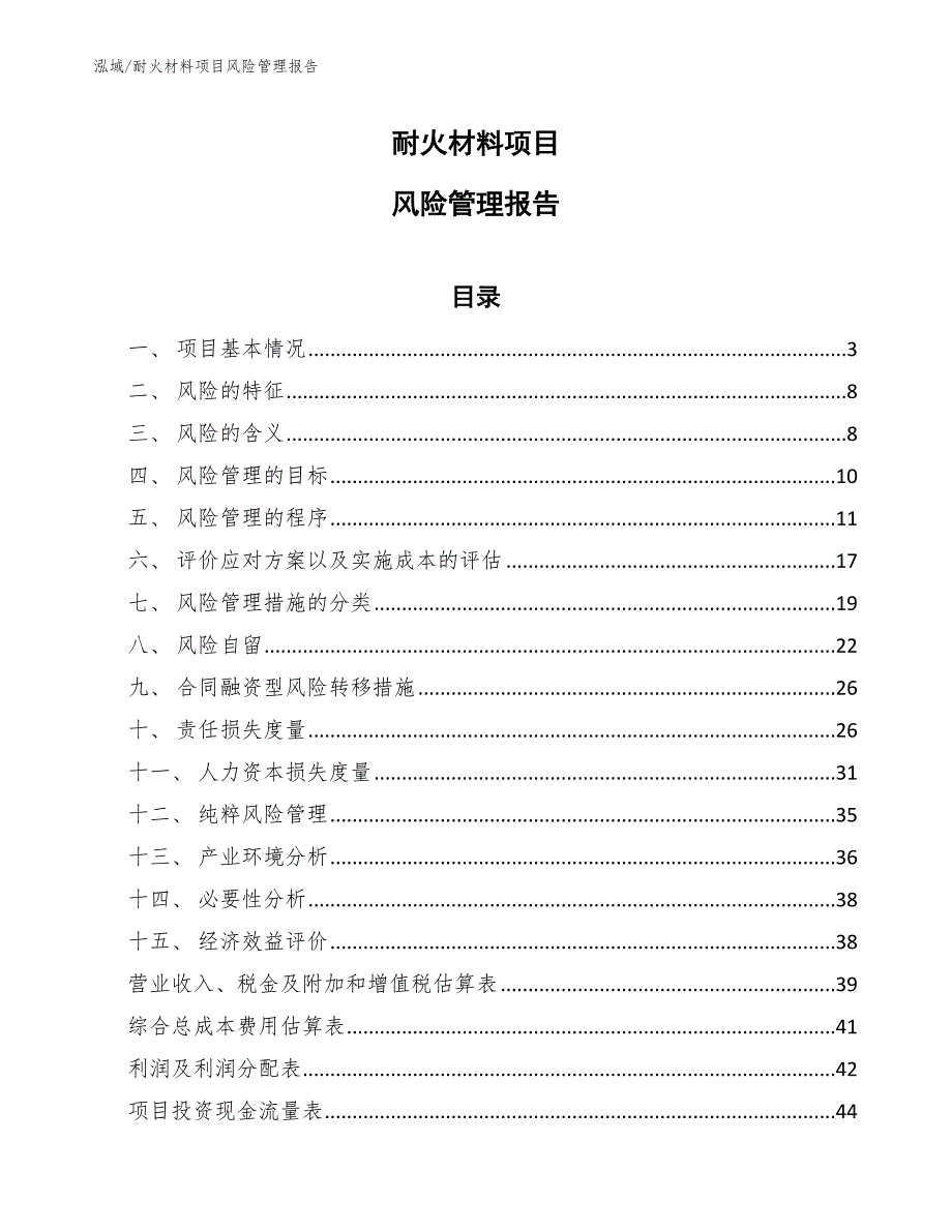 耐火材料项目风险管理报告_范文_第1页