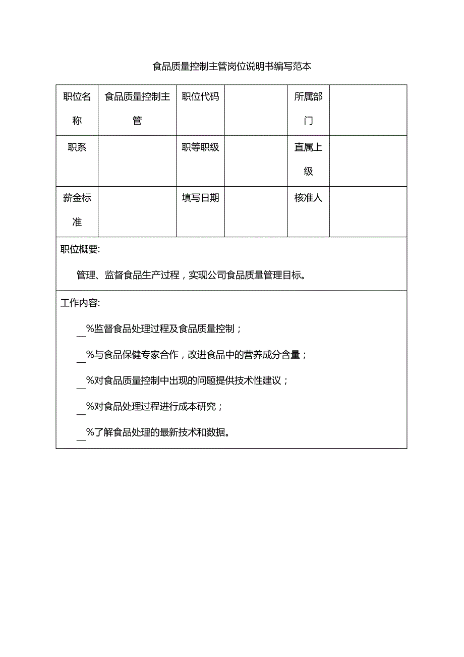 食品质量控制主管岗位说明书编写范本_第1页