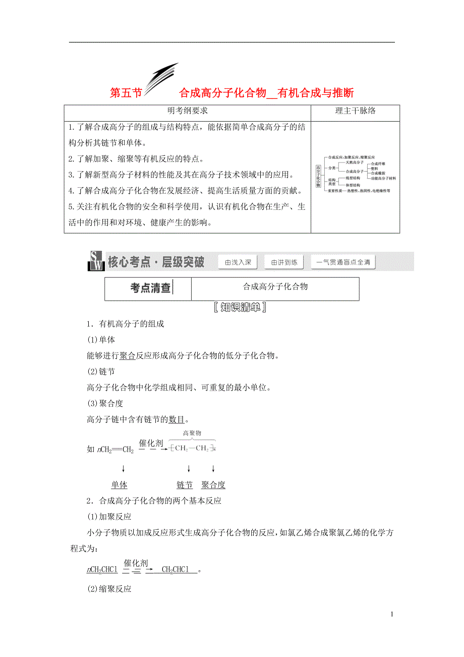 【三维设计】(人教通用版)高考化学一轮总复习讲义 第五节 合成高分子化合物有机合成与推断_第1页