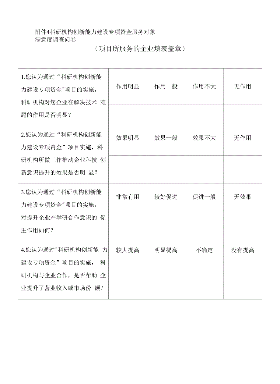 科研机构创新能力建设专项资金服务对象满意度调查问卷（项目所服务的企业填表盖章）.docx_第1页