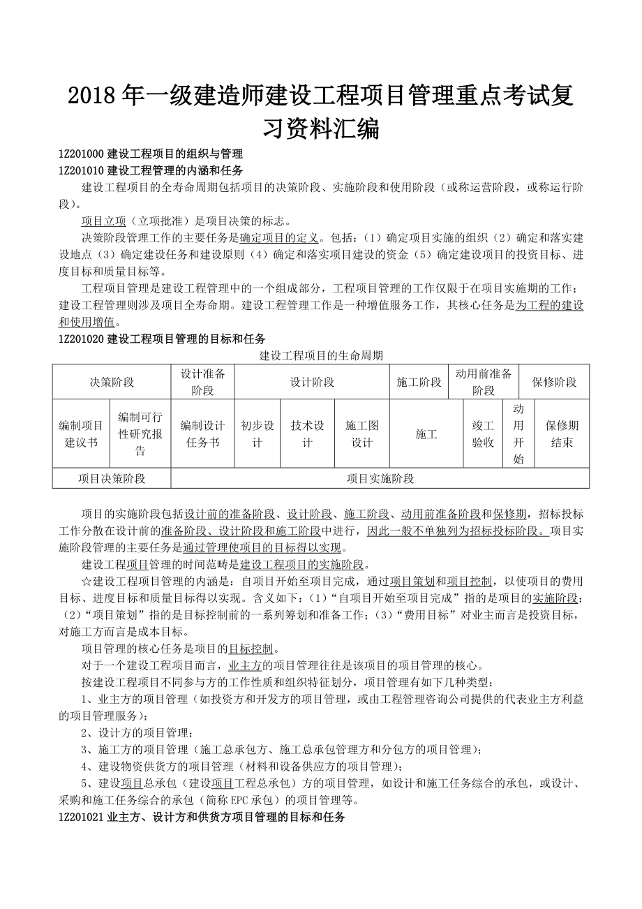 2018年一级建造师建设工程项目管理重点考试复习资料汇编_第1页