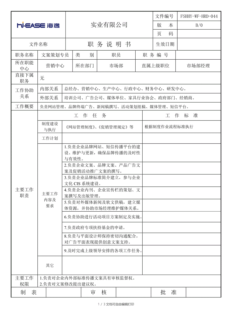 岗位职责文案策划专员_第1页