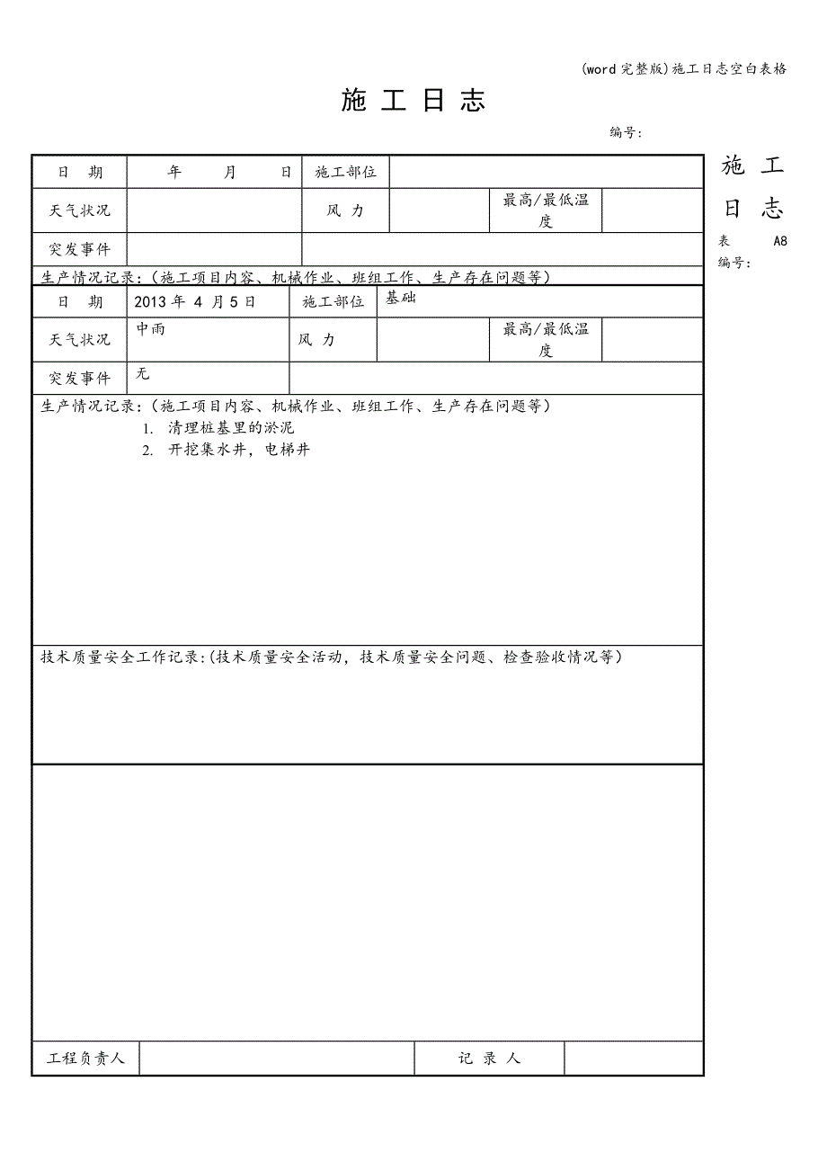 (word完整版)施工日志空白表格.doc_第1页