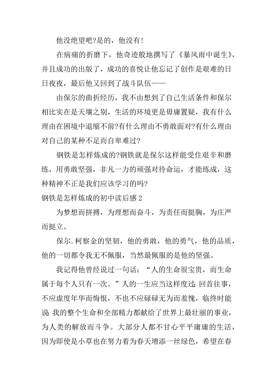 钢铁是怎样炼成的初中读后感4篇《钢铁是怎样炼成的》初中读后感_第2页