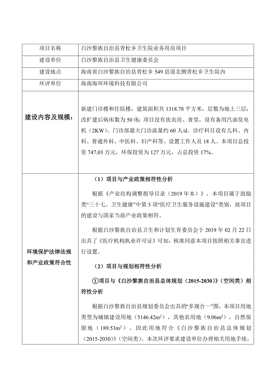 白沙黎族自治县青松乡卫生院业务用房项目 环评信息.docx_第1页