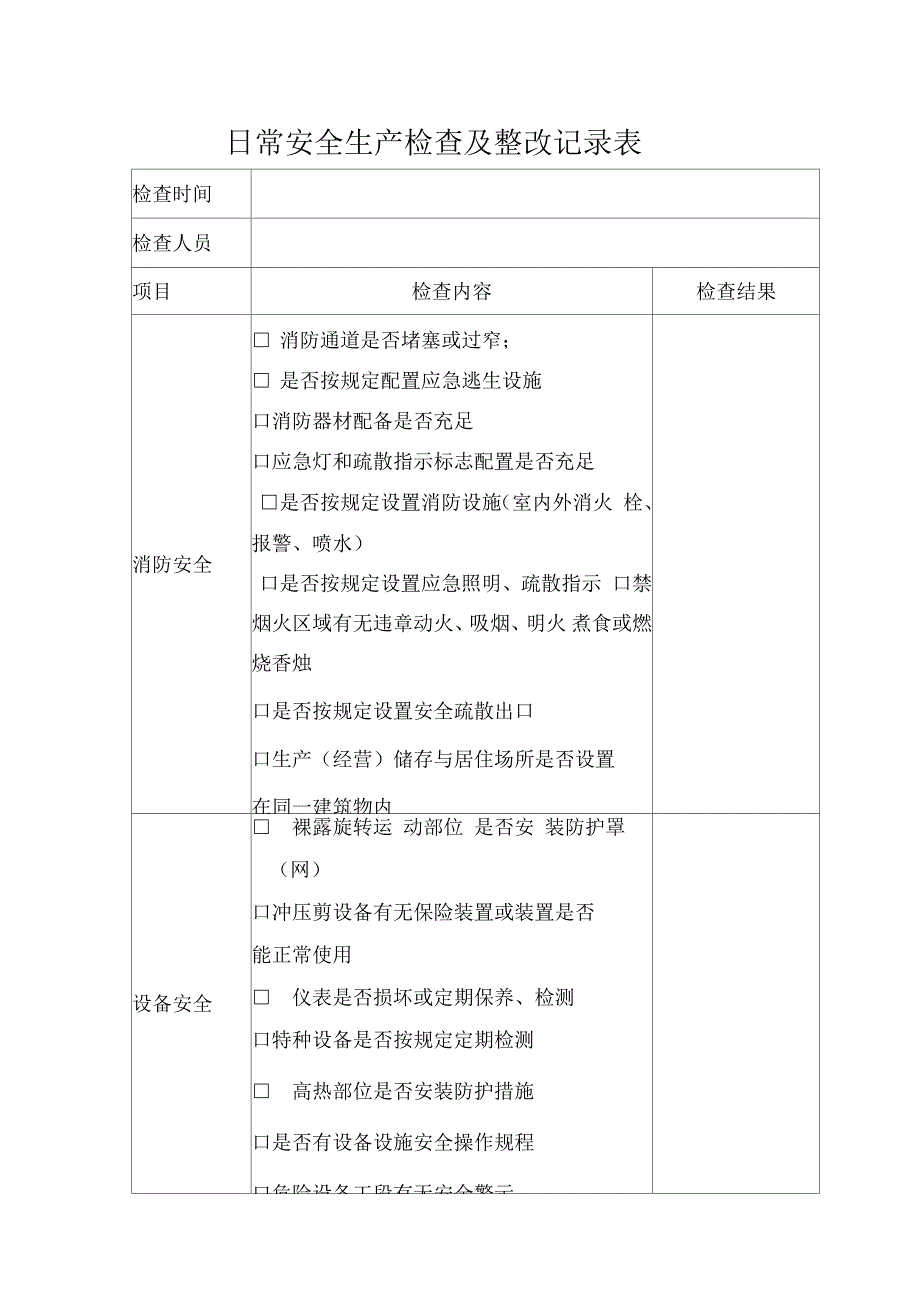 公司企业日常安全生产检查记录表_第1页