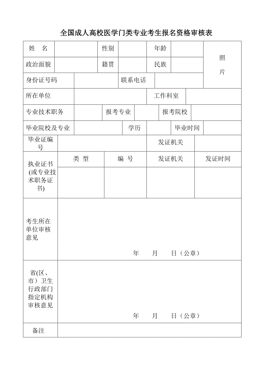 全国成人高校医学门类专业考生报名资格审核表_第1页