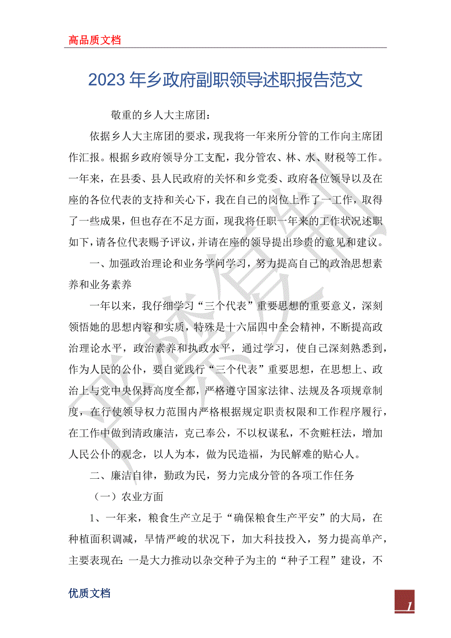 2023年乡政府副职领导述职报告范文_第1页