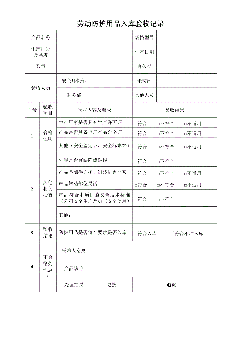 劳保防护用品验收记录表_第1页