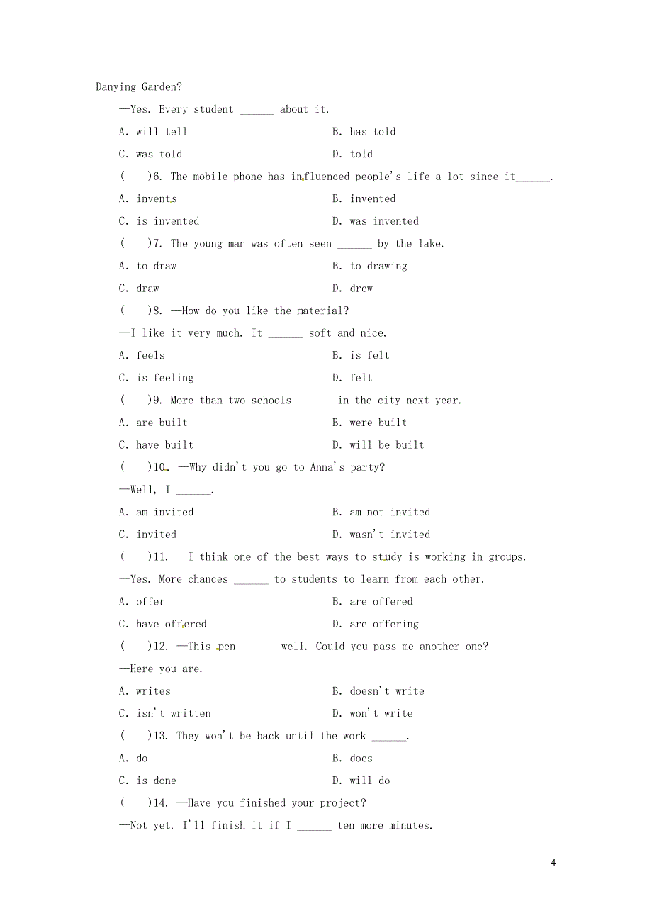 广东省2019年中考英语总复习 第2部分 语法专题复习 专题10 被动语态练习 外研版_第4页