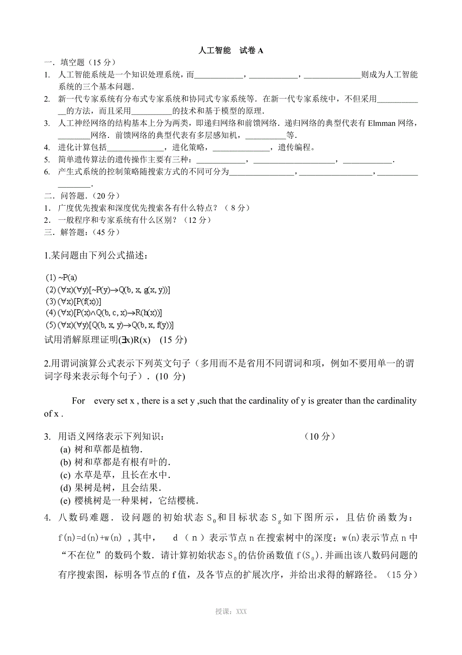 太原理工大学人工智能试题+答案_第1页