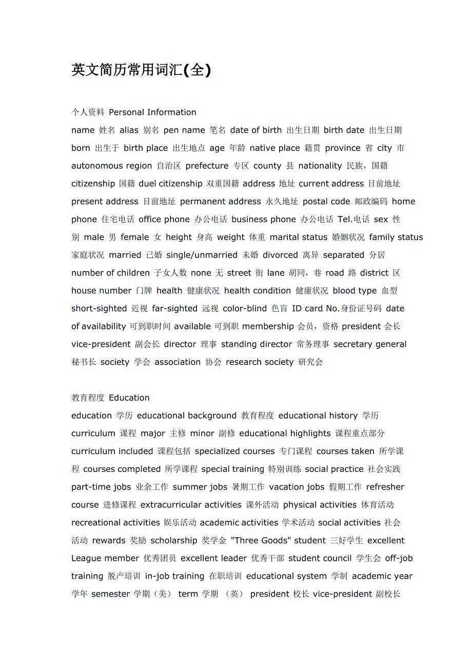 英文简历常用词汇.doc_第1页