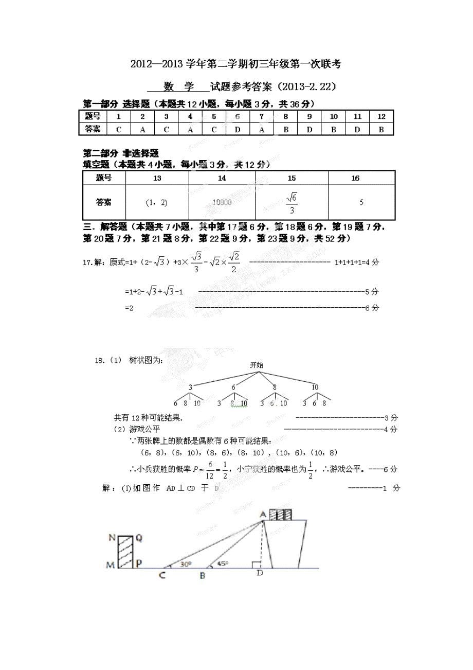 广东省深圳市九年级数学下学期第一次十校联考试题新人教版_第5页